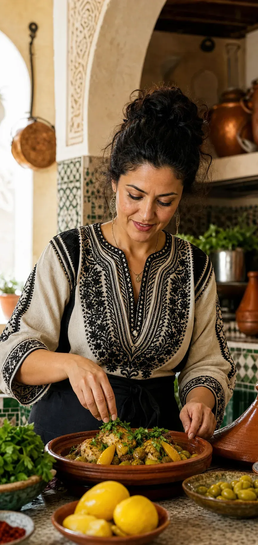 A home cook garnishing a Rif tagine in a tiled riad kitchen above the blue medina